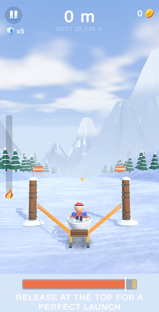 A bathtub pulled back in the slingshot on the snow