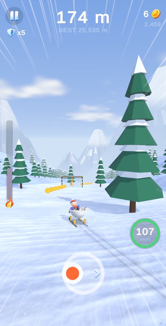 Riding a bathtub down the snowy mountain between pine trees